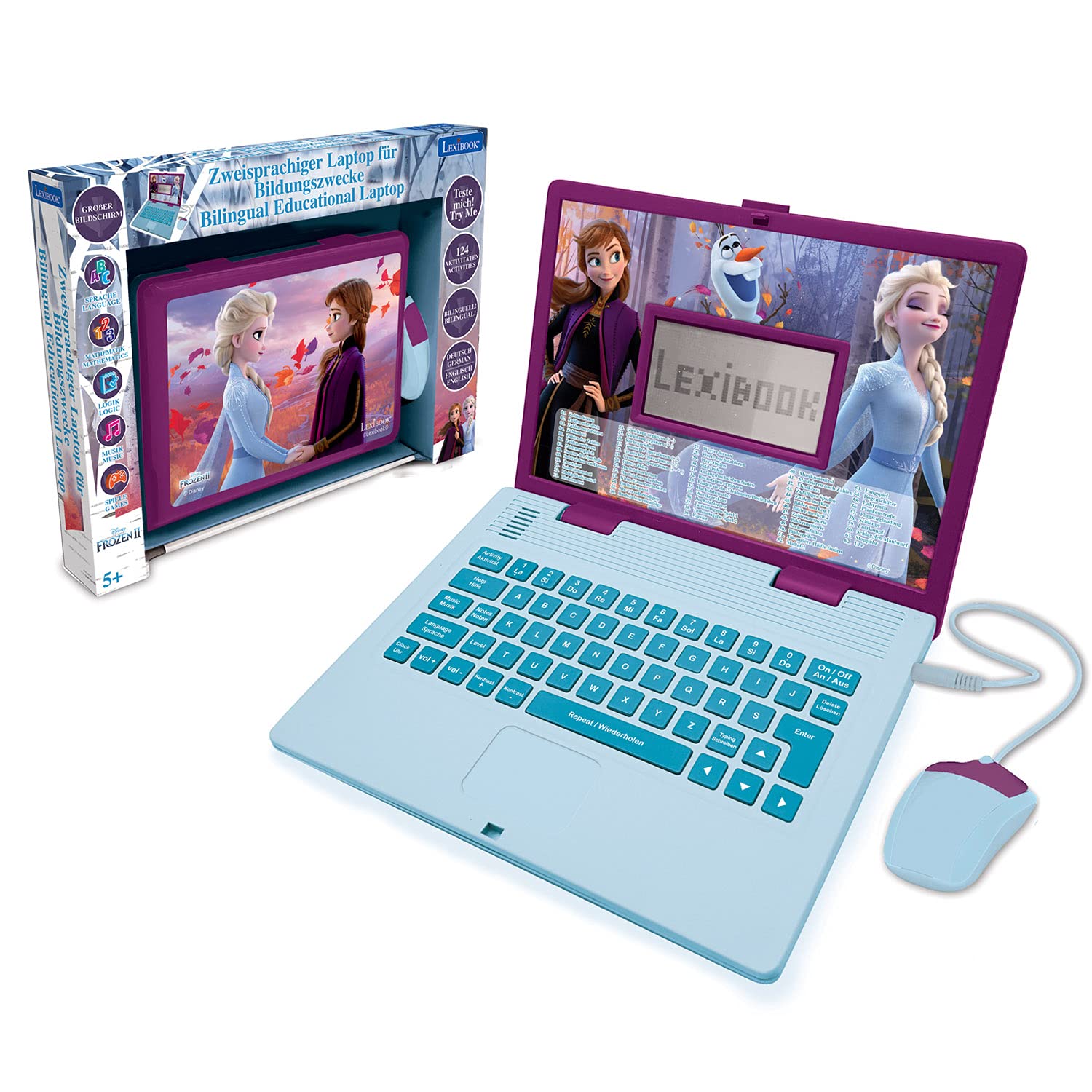 LEXIBOOK, Frozen, Educational and Bilingual Laptop German/English, Girls Toy with 124 Activities to Learn, Play Games and Music with Elsa & Anna, Blue/Purple, JC598FZi3
