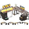 AODK 59" L Shaped Desk, 105" Computer Desk with File Cabinet & 4 Fabric Drawers, Home Office Desk with Monitor Shelf & Power Outlet, Two Person Desk or Corner Desk, Gaming Desk with LED Light, Grey
