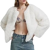 Flygo Women Faux Fur Coat Fluffy Long Sleeve Open Front Cropped Furry Jacket Shaggy 2025 Warm Winter Outwear with Pockets