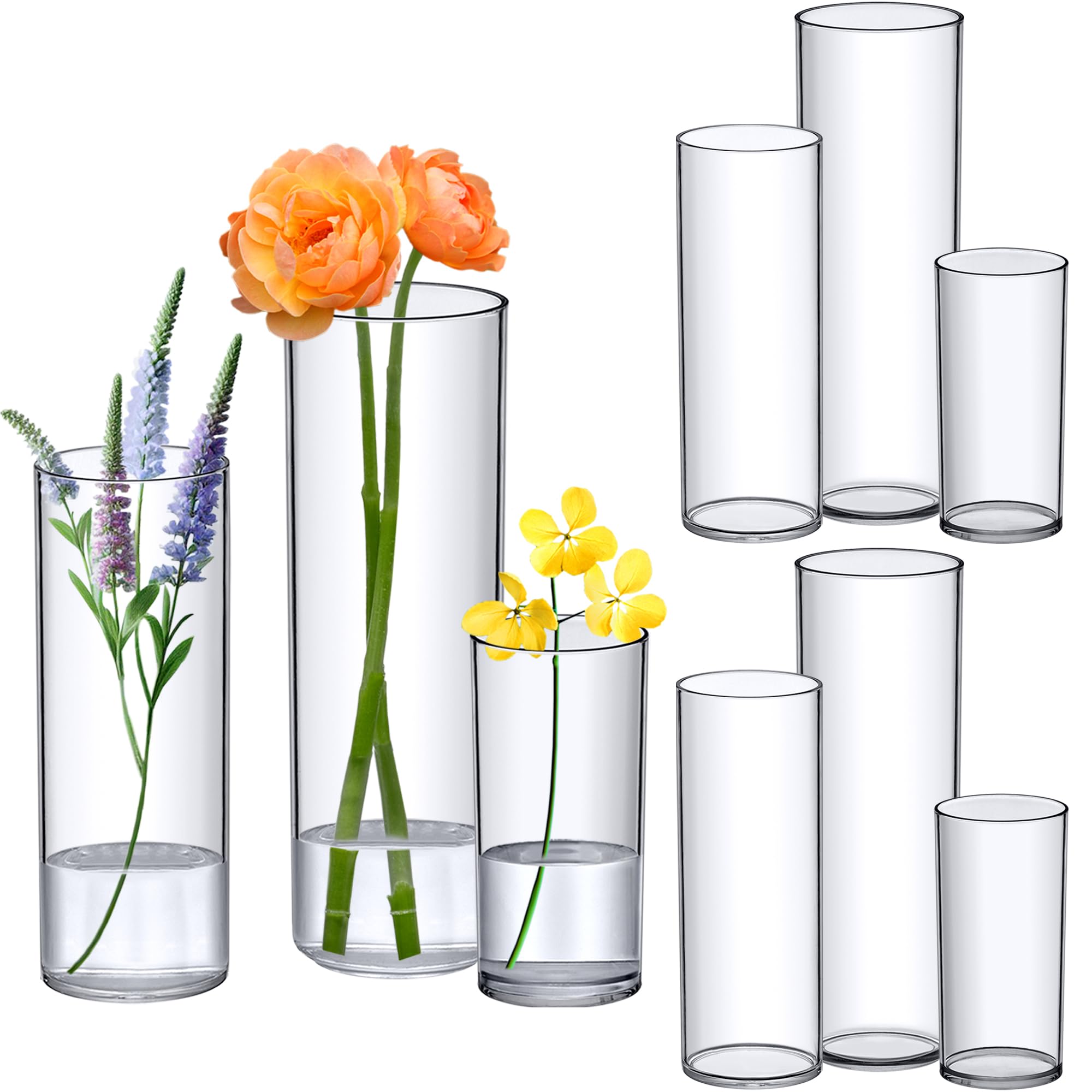 Photo 1 of Amazing Abby - Viola Magra - Plastic Cylinder Vases (9-Piece Set), Acrylic Flower Vases for Wedding Centerpieces, Home Decorations, Office Ornaments, Shatter-Proof, 6" + 9" + 12" (H) (Not Glass)