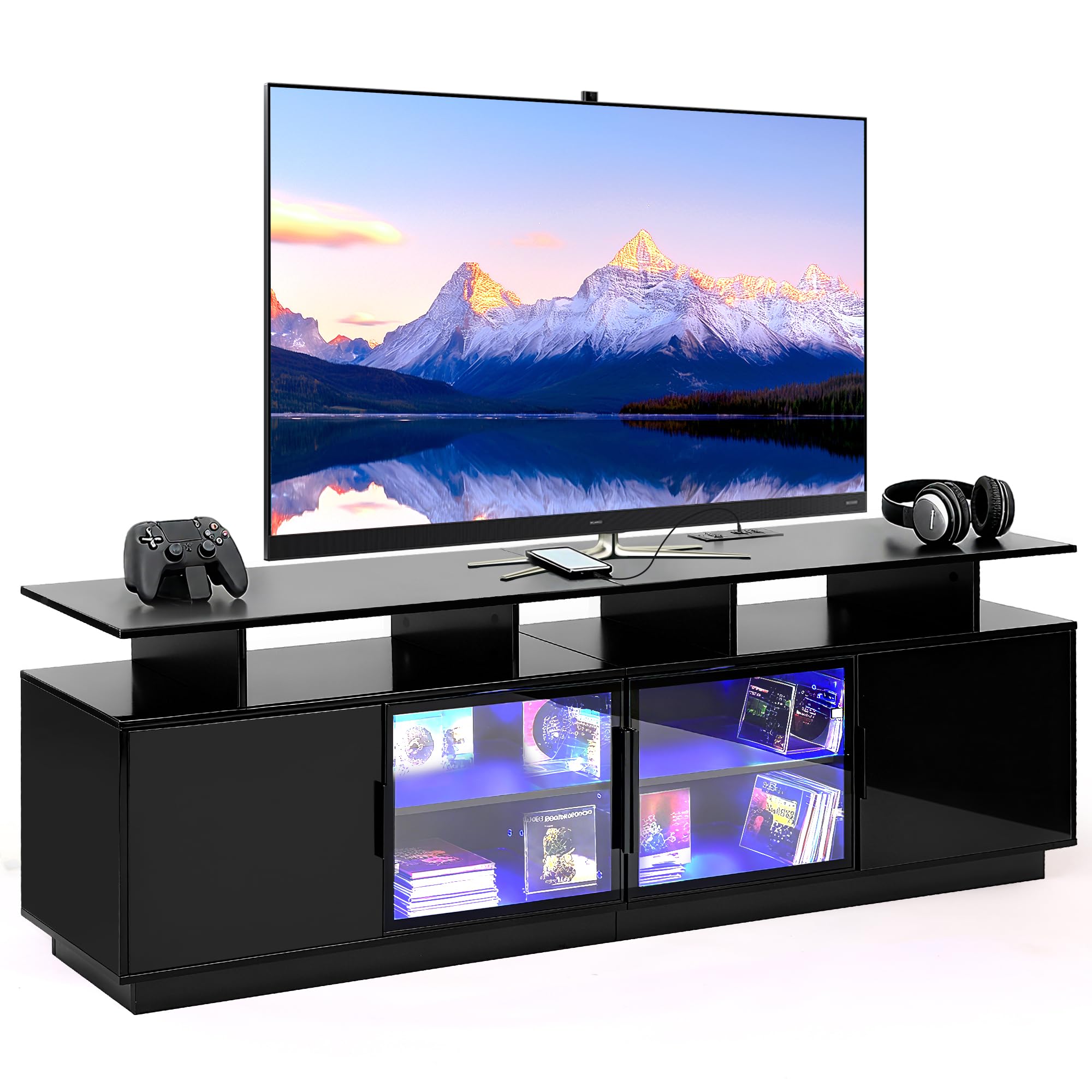 Photo 1 of ansefe 70 Inch Black TV Stand for Living Room, LED Entertainment Center for Gaming, Modern TV Cabinet Console, Transparent Glass Door Storage Cabinet