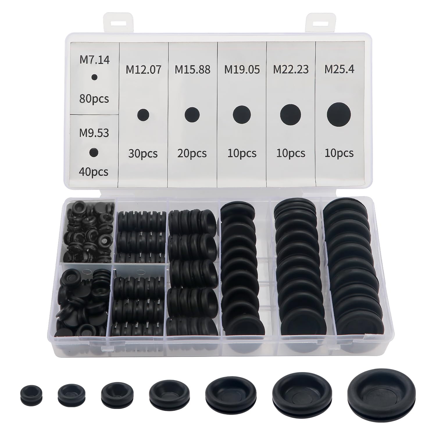 YIXISI 200 PCS 7 Sizes Rubber Grommets Kit, Conductor Gasket Ring Grommets, Black Rubber Hole Plugs Electrical Wire Gaskets, for Protecting Wires, Plugs and Cables