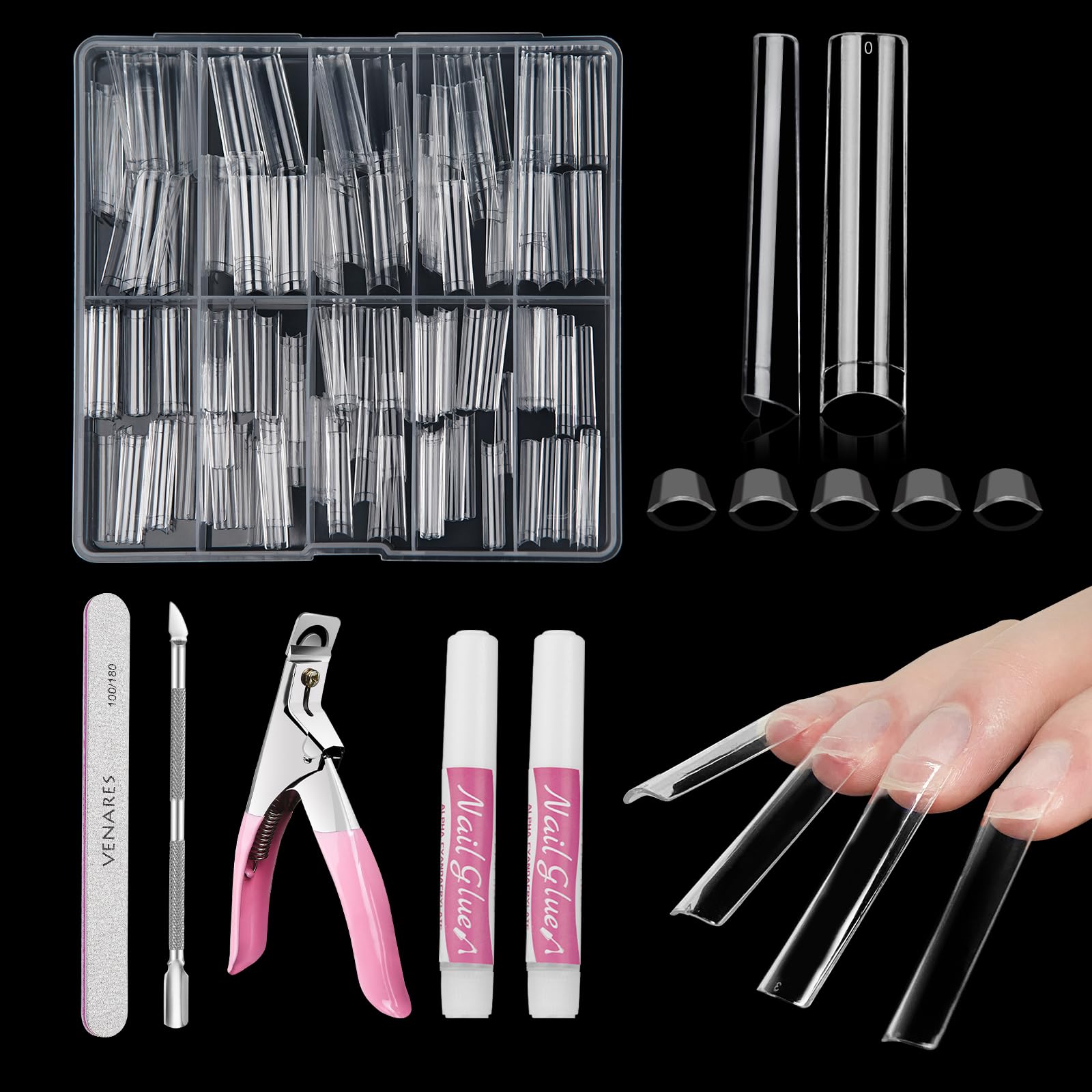 XXL Extra Long No C Curve Square Nail Tips, Venares 240 Pcs Non C Curve Nail Tips 12 Size Long Square Nail Tips No C Curve for Gel Extensions