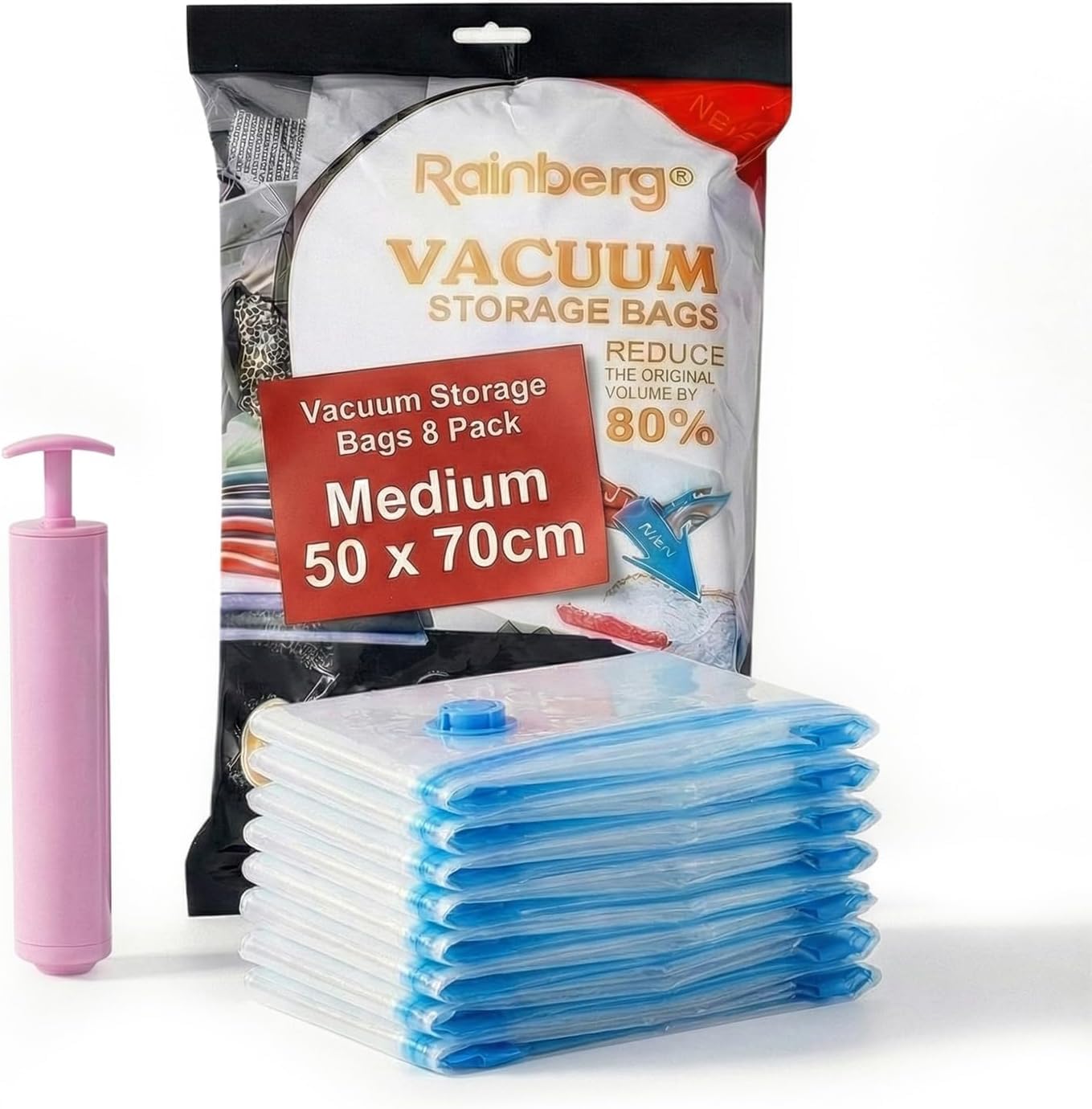 Rainberg 8 Pack Medium Vacuum Storage Bags, Home and Travel Vacuum Bags with Pump featuring Double Zip Seal & Triple Seal Turbo-Valve for Maximum Space Saving, Up to 80% More Space (50 x 70cm)