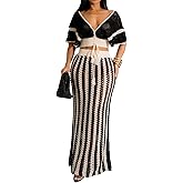 Angsuttc Skirt Sets Women 2 Piece Outfits Crochet Crop Tops and Striped Maxi Skirt Vacation Outfit