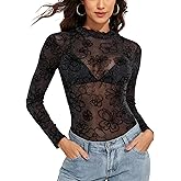 YYA Mesh Top for Women Long Sleeve Mock Neck Mesh Shirt Sparkly Silver Sheer Tee Shirts See-Through Top for Party S-XXL