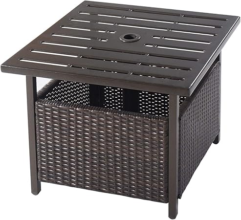 Amazon Com Nightcore Rattan Umbrella Side Table Bistro Wicker Side Table With Storage Slot Patio Umbrella Side Table Stand With 1 57 Umbrella Hole Outdoor Leisure Coffee Table For Garden Poolside Deck