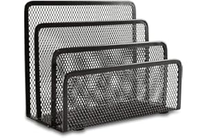 EASEPRES Desk Mail Organizer, Office Small Desktop Metal Mesh Envelope Letter Sorter Paper File Holder Organizer with 3 Vertical Upright Compartments, Black 1 Pack