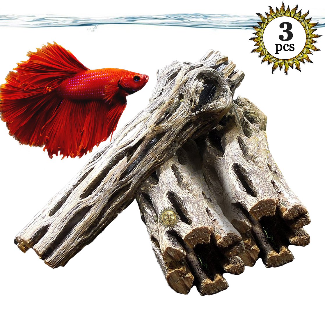 Natural Betta Wood by SunGrow - 3 Pieces - Perfect Cholla Wood Toy for Betta fish - Each Piece is 6 inches Long - Organic softwood, no thorns - Great for Aquarium Decoration