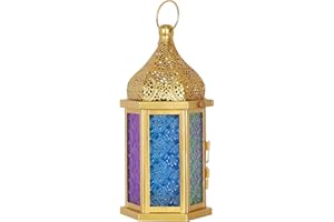 NEEDOMO Ramadan Decorations, 13" Ramadan Lantern, Vintage Gold Metal Candle Lanterns with Glass, Ramadan Decor for Table, Wall, Porch, Eid Haning Decor Decorative Indoor Outdoor