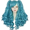 ANOGOL Hair Cap+ Long Blue Curly Ponytail Wig Light Blue Wig with 2 Ponytails Lolita Wig Blue Wig with Bangs for Women Anime Wig Peluca Azul for Cosplay Costume Halloween Party(Blue)