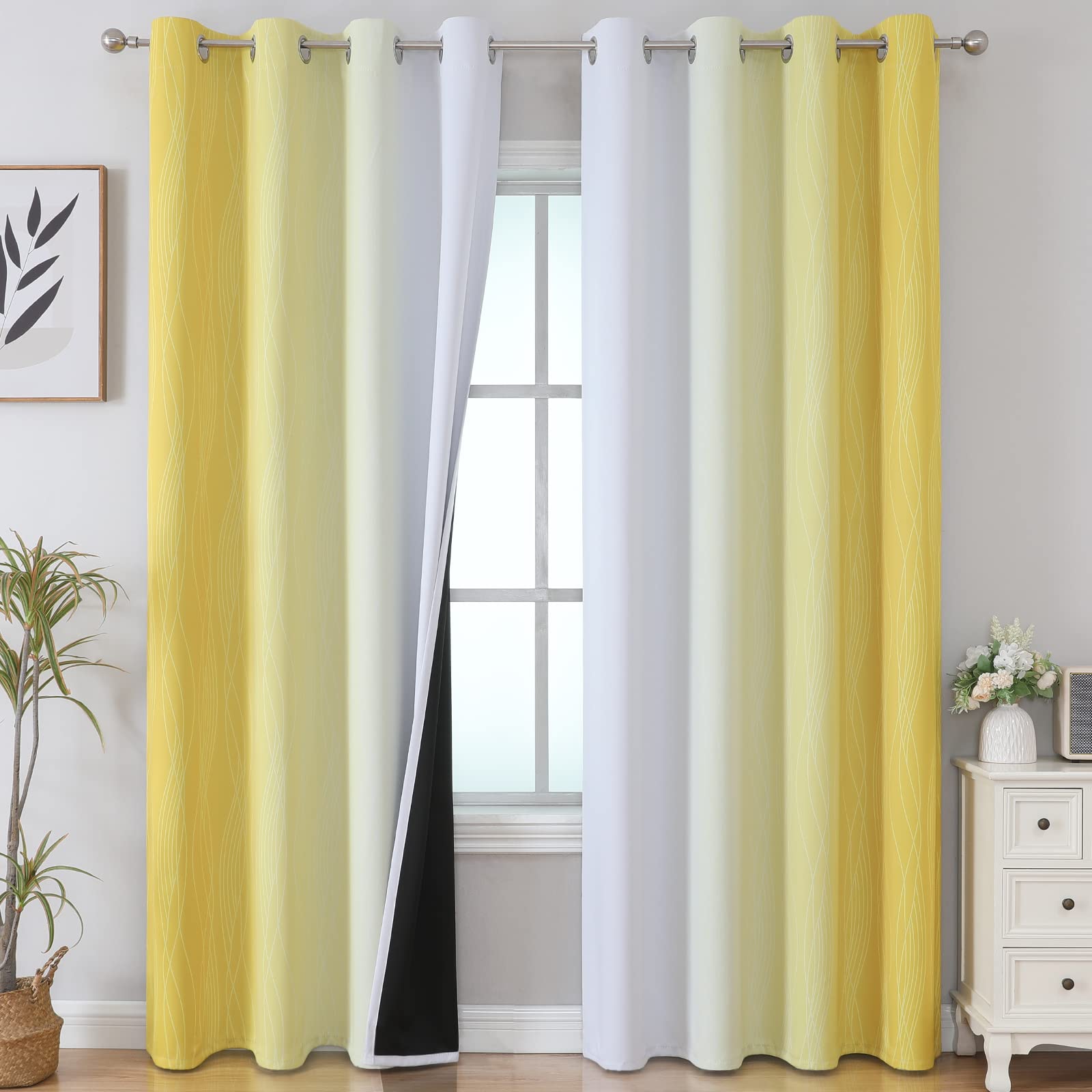 Photo 1 of Estelar Textiler Ombre Yellow and Greyish White Blackout Curtains 96 Inches Long for Sliding Door, Gradient Thermal Insulated Full Light Blocking Grommet Blackout Drapes for Bedroom, 52Wx96L, 2 Panels