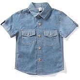 OCHENTA Boys' 100% Cotton Denim Shirt - Short Sleeve Button Down Western Top for Toddler to Big Boy Summer Casual Shirt