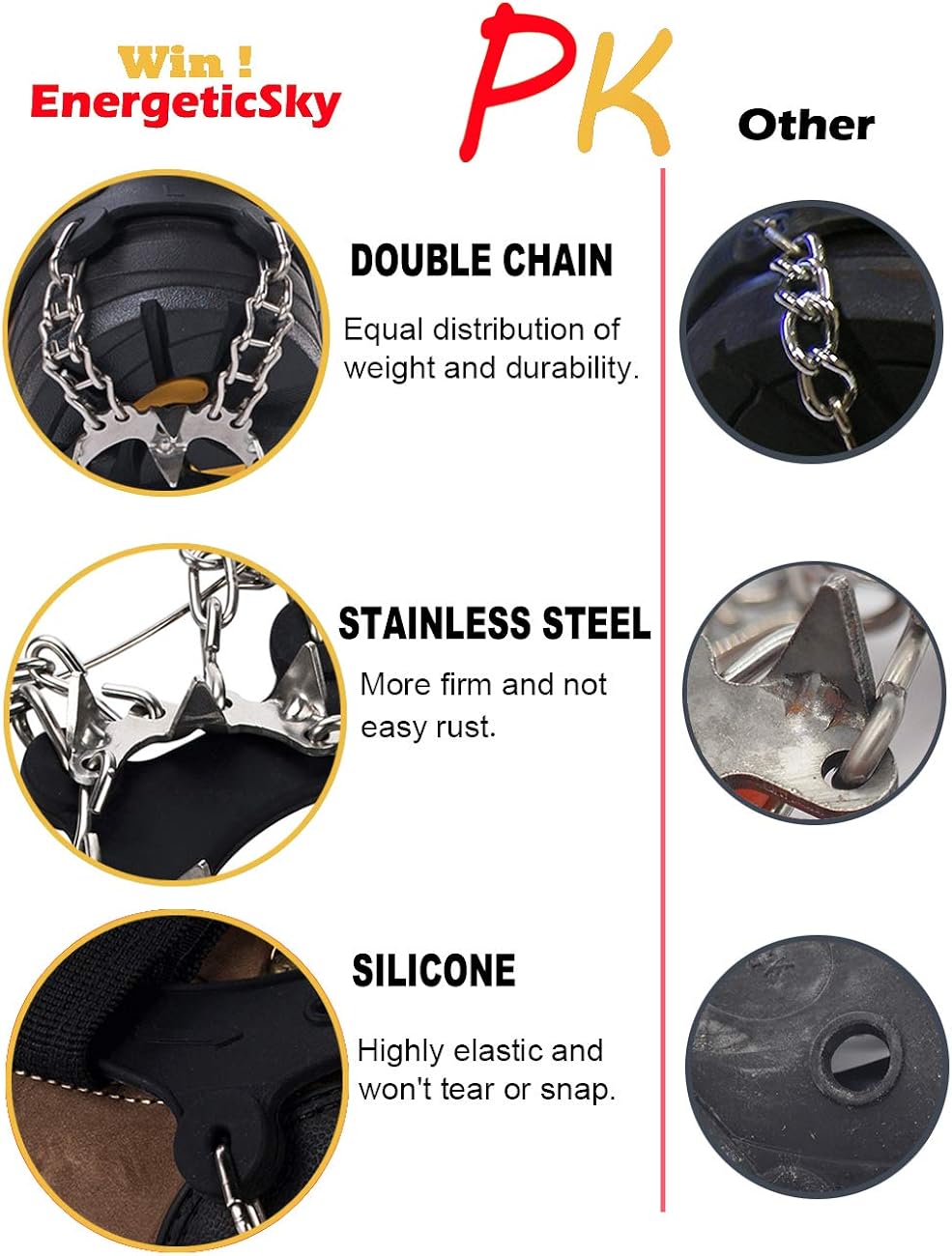 EnergeticSky Upgraded Version of Walk Traction Ice Cleat Spikes Crampons,True Stainless Steel Spikes and Durable Silicone,Boots for Hiking On Ice & Snow Ground,Mountian.: Sports & Outdoors