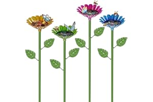 Asaleilipa Bee Watering Station, 4 Pack Metal Bee Bath for Garden, Bee Feeder for Thirsty Pollinators with 20 Glass Marbles, Butterfly Feeder Yard Decor, Outdoor Colorful Flower Design