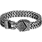 Rofusn Viking Bracelet for Men Biker Heavy: Silver Stainless Steel Punk Wolf Snake Eagle Head Franco Chain Curb Link with Spring Ring Clasp Jewelry for Christmas Birthday