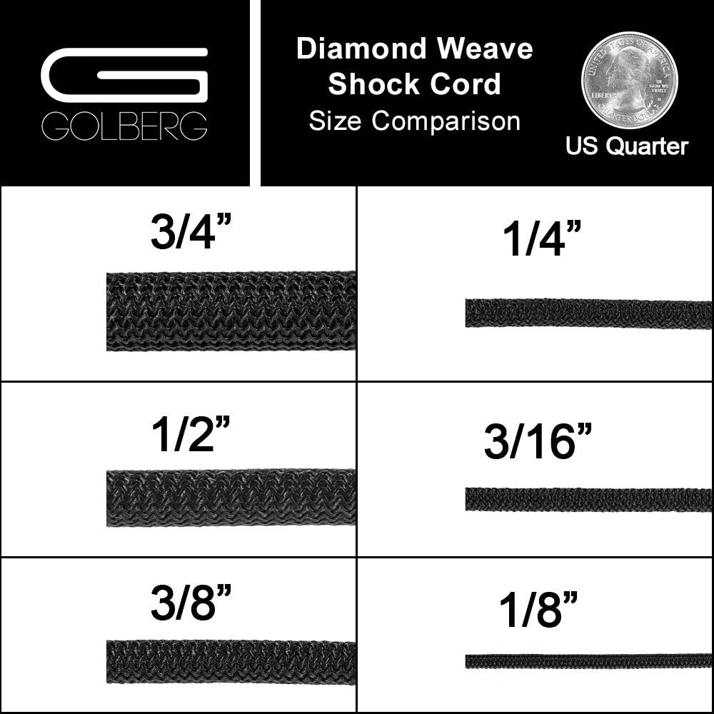 Shock Cord - Black Diamond Weave Elastic Bungee Cord - Features 100% Stretch, Shock Absorbent, & Strong Hold - Camping, Kayak Decks, Crafting, Gravity Chairs, & Tie-Downs - (1/8 Inch X 10 Feet) - - 