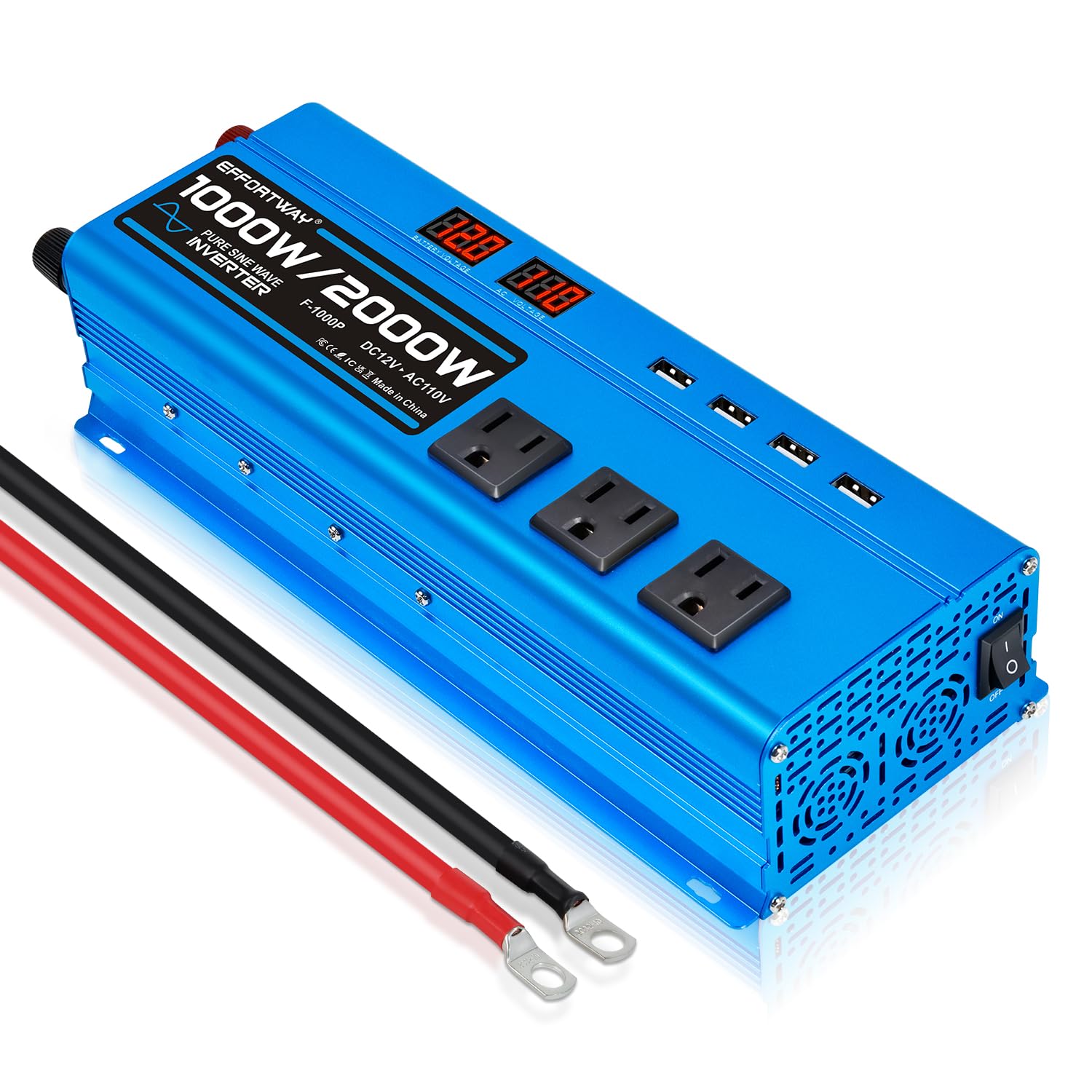Photo 1 of 1000W Pure Sine Wave Inverter DC 12V to AC 110V/120V Converter 2000w (Peak) Car Power Converter with 3 AC Outlets, 4USB Port,Power Inverter for Car, Truck, Home, Vehicles, Laptop