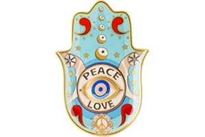 KARMA AND LUCK Grateful Soul - Hamsa Plate, 4.5" x 6.5" Ceramic Peace Love Hamsa Plate with Evil Eye Symbol, Handmade in Southeast Asia, Decoarative Plates