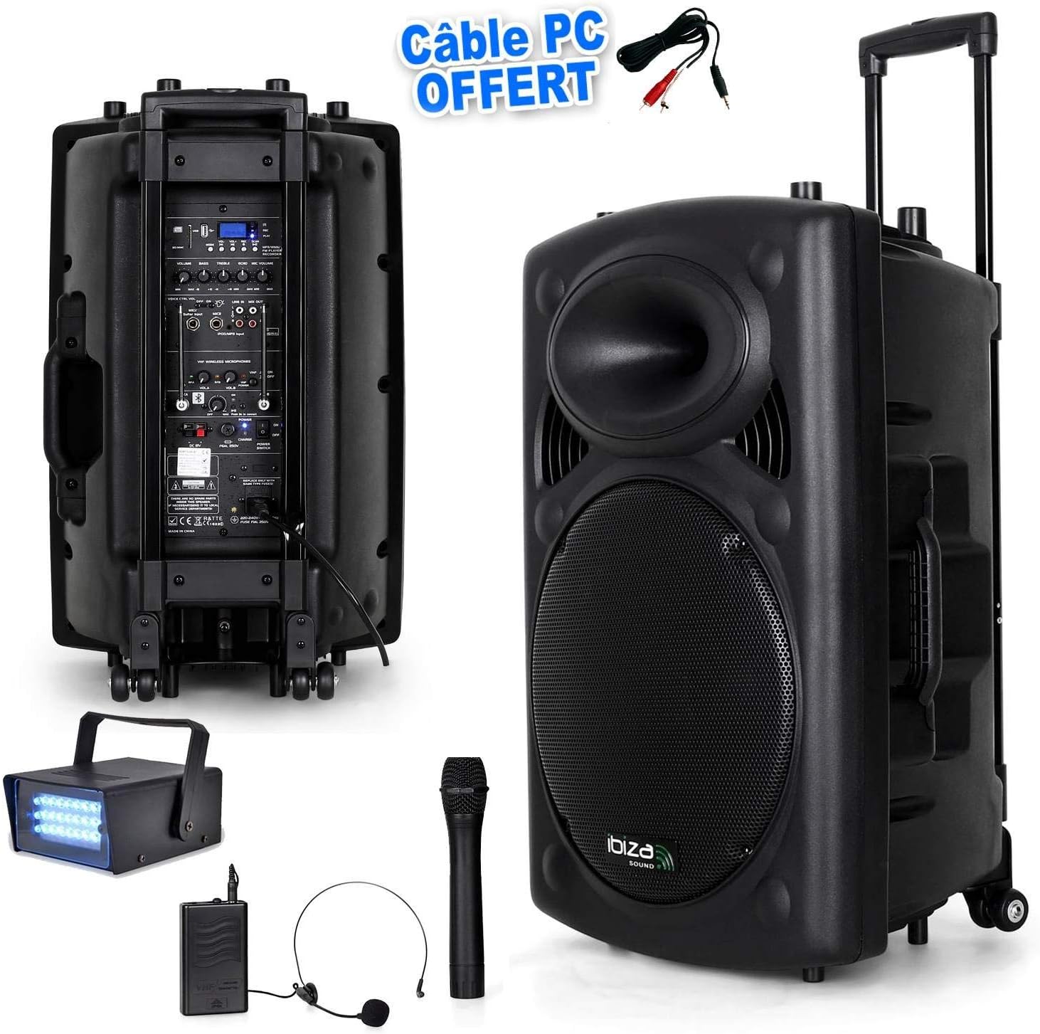 Public Address Mobile MP3 800W +2 Pickups PORT15VHF-BT + Cable PC + Mini Strobe Lytor