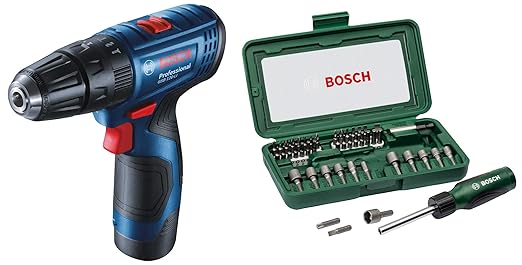 Bosch GSR120-Li Cordless Drill Driver, 12V Double Battery with Bosch 66041612 Screwdriver bits Set (Black and Silver, 46-Pieces)
