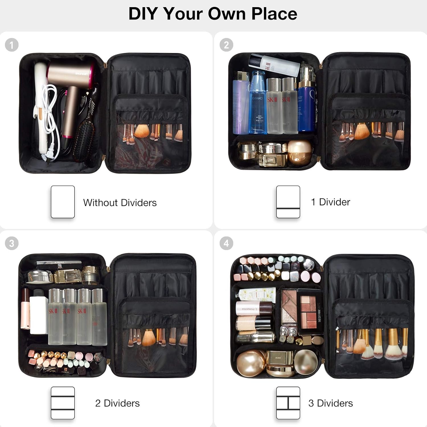 BAGSMART Large Cosmetic Bags Double Layer with Adjustable Dividers, 2 in 1 Makeup Bag Water-resistant Leather with Portable Clear Makeup Cases Travel, for Makeup, Cosmetics Tools, Brushes