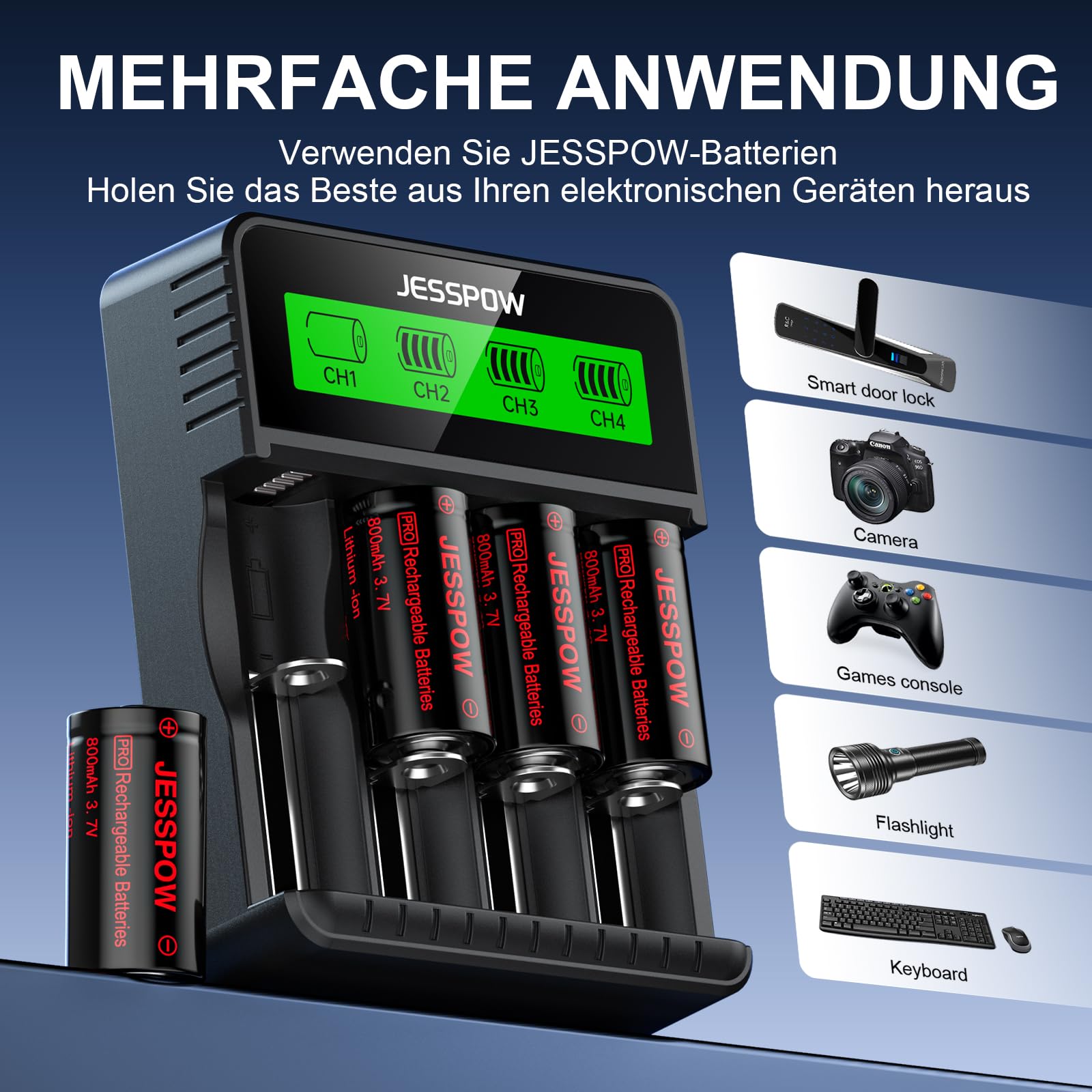 CR123A Batterie mit Ladegerät, 3,7V Akku Wiederaufladbare für Taschenlampen Kameras Mikrofon Warnsystem, CR123A Akku 2