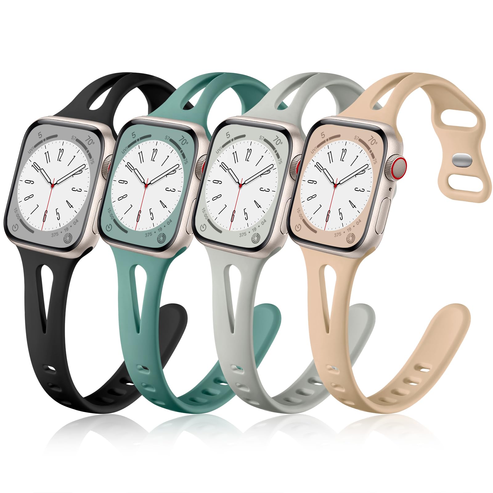 Getino Compatible with Apple Watch Band 38mm 40mm 41mm 42mm 44mm 45mm 46mm 49mm iWatch Ultra Series 11 10 9 8 7 6 5 4 3 2 SE Women, Slim Silicone Sport Bands, Black/Pebble Gray/Cyprus Green/Milk Tea