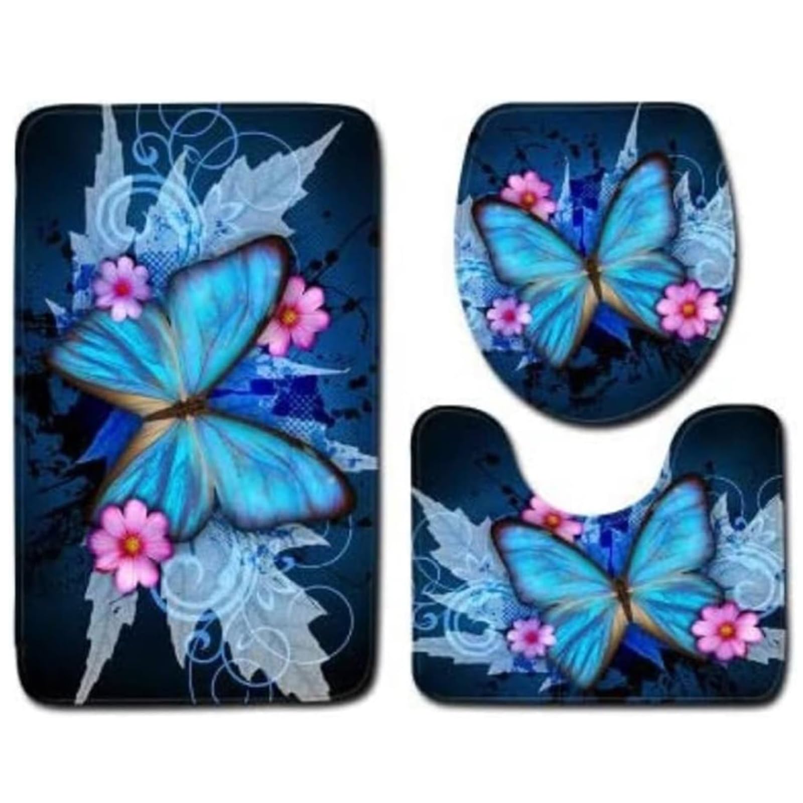 Bath Mat Sets,Butterfly Bathroom Toilet Floor Mat Door Mat Bathroom Carpet Toilet Rug 3 Pcs Butterfly Bath Mats Anti Slip Bathroom Mat Set Washable
