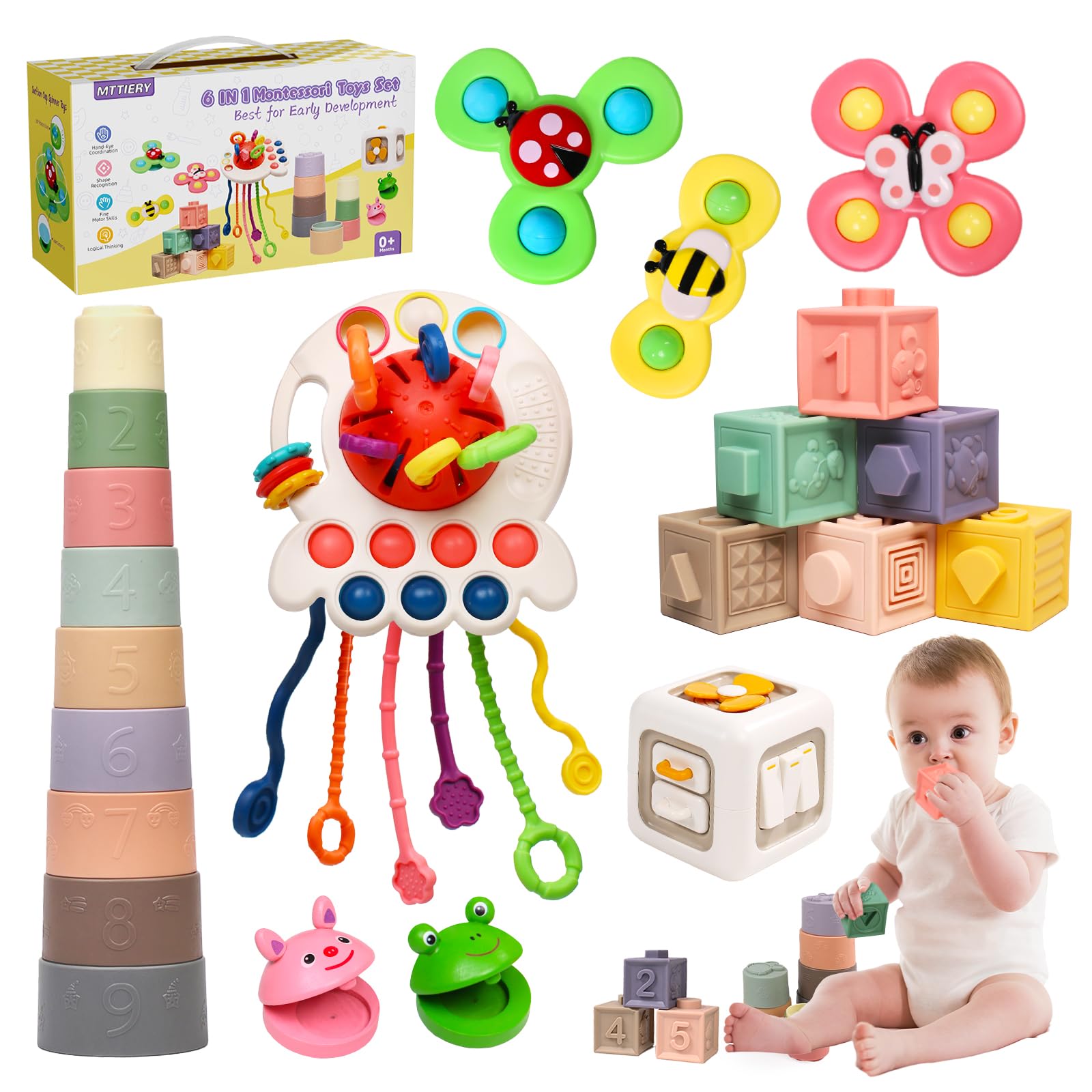 Photo 1 of MTTIERY 6 in 1 Baby Toys 0-6 Months, Montessori Toys for 6-12 Months, Infant Sensory Pull String Toy, Fidget Spinners Soft Buliding Blocks & Stacking Cups for Toddlers 1-3, Baby Gifts for Boys Girls