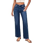 LookbookStore Wide Leg Jeans for Women Trendy High Waisted Straight Leg Frayed Hem Baggy Stretchy Denim Trousers Pants