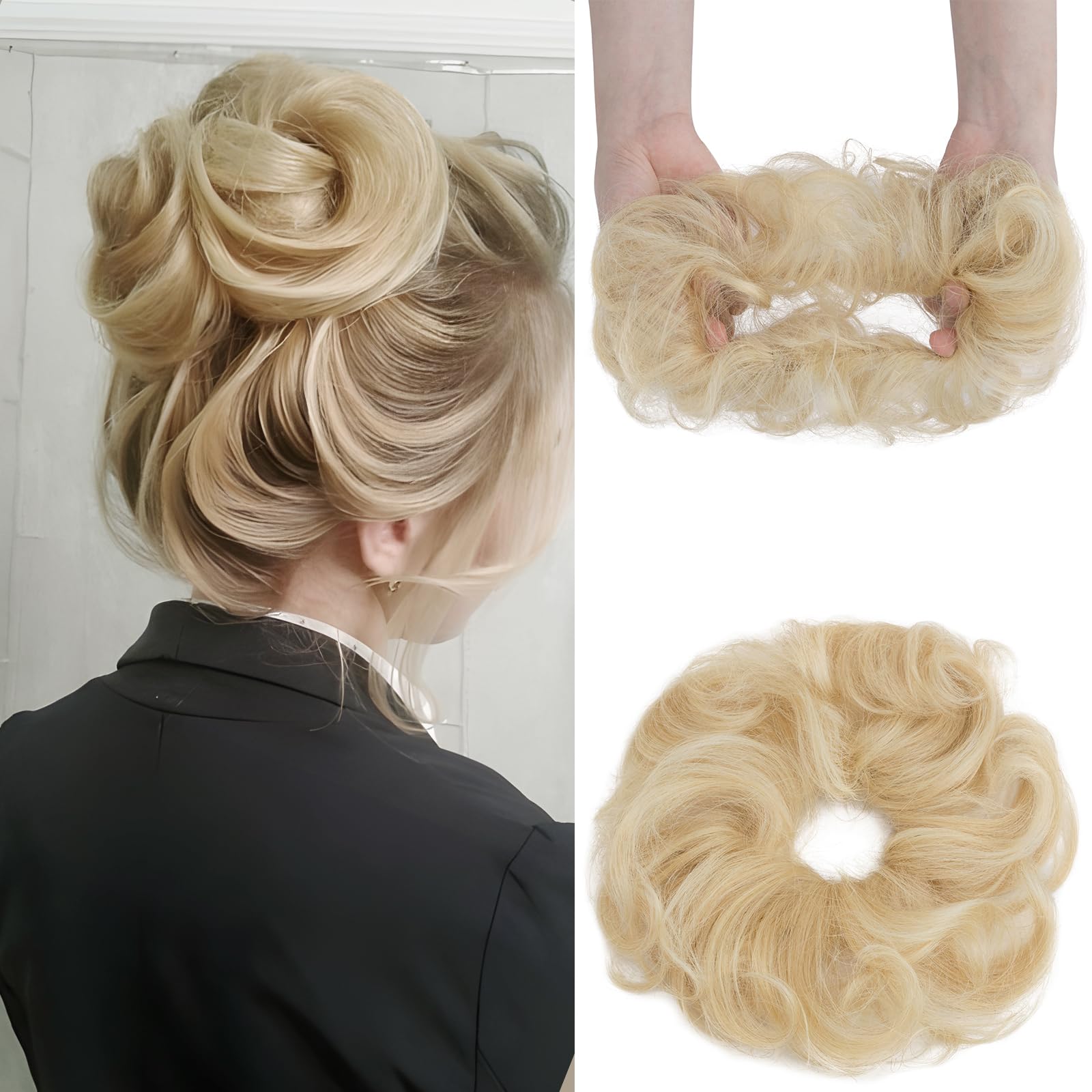Elailite Hair Buns Scrunchy Updo HairPiece Hair Extensions Donut Chignons - 100% Real Remy Human VOLUMINOUS Curly Wavy Messy - #613 Bleach Blonde โ image 1