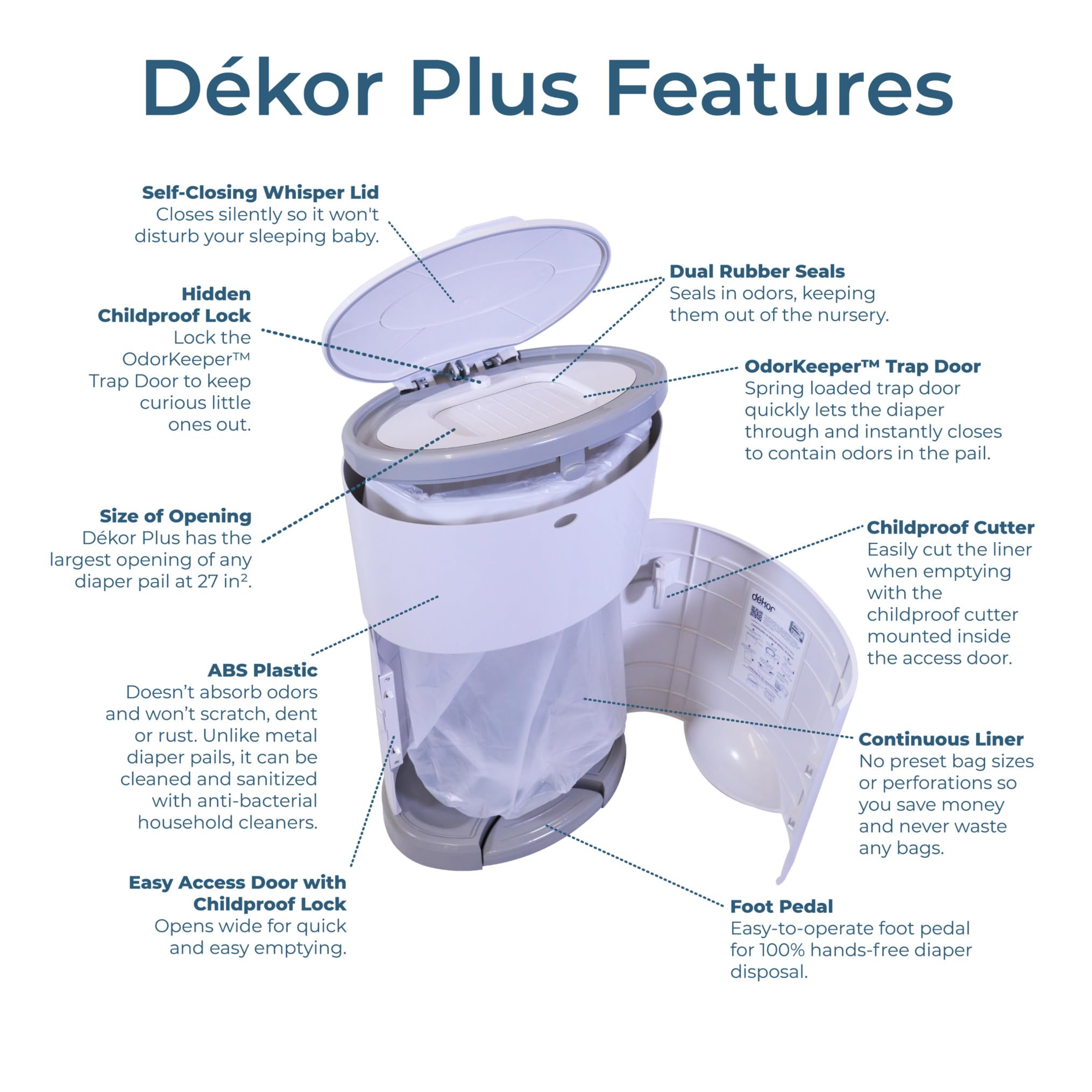 Diaper Dekor Plus Hands-Free Diaper Pail | White | Easiest to Use | Just Step–Drop–Done | Doesn’t Absorb Odors | 20 Second Bag Change | Most Economical Refill System | Great for Cloth Diapers