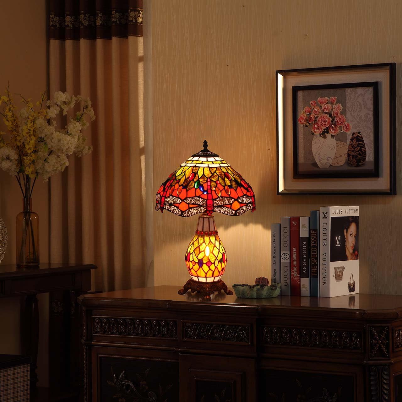 Bieye L30566 Dragonfly Tiffany Style Stained Glass Table Lamp with 12-inches Wide Handmade Lamp Shade Double Lit for Bedroom Bedside Living Room 19-inches Tall - Image 3