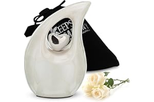 White Tear Drop Small/Mini Urn for Human Ashes With Silver Heart (3 Inch Height) - Unique Decorative Keepsake Cremation Urn f