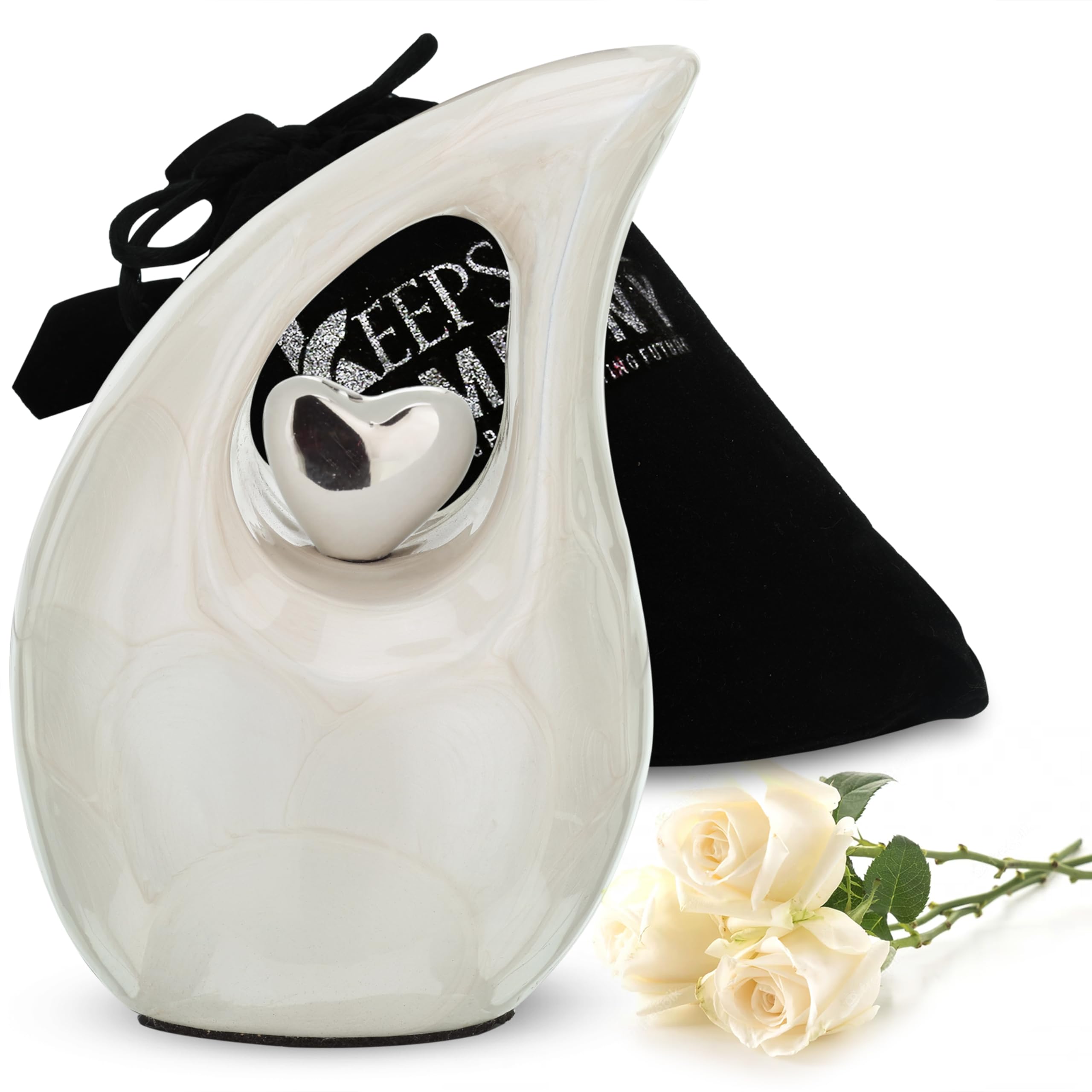 KEEPSAKE COMPANY White Tear Drop Small Mini Urns for Human Ashes with Silver Heart (3 Inch Height) - Burial Urns - Urn - Funeral Urn - Small Pet Urn - Ern,White