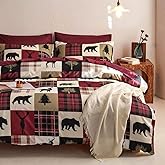 Wake In Cloud - Rustic Duvet Cover Set, Cabin Christmas Lodge Western Country Bear Deer Holiday RV Outdoor Winter Theme, Soft Lightweight Bedding, 3-Piece, Burgundy Black, Queen Size