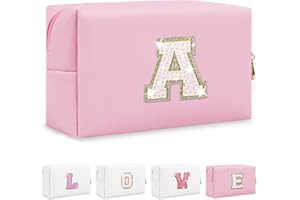 CHAOGREAT Small Personalized Initial A-Z Patch Makeup Bag,Pink Cute PU Leather Glitter Letter Cosmetic Bag for Teen Girls,Travel Toiletry Bag with Zipper,Preppy Monogrammed Birthday Gift for Daughter Niece A