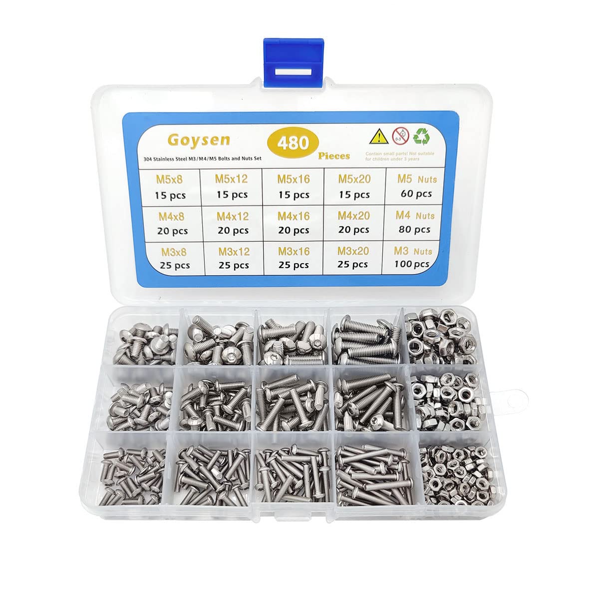 Goysen 480 Pcs Stainless Steel Hex Bolts & Nuts Set, M3-M5, Home & Office Appliance Repair, Vehicle Repair, DIY Projects