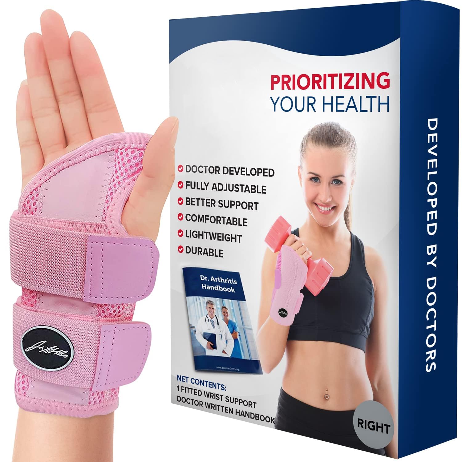 Dr.Arthritis Doctor Developed Comfy, Lightweight,Wrist Support Strap Brace & Doctor Handbook- Hand Support, Perfect Fit For Right Hand, For Men And Women Single, Pink