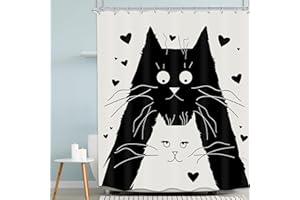 MESHELLY Black White Funny Cats Shower Curtain 60Wx72H Abstract Cartoon Cute Cats Animal Pet Couple Bathroom Curtain for Kids Boys Girls Bath Curtain Fabric Bathroom Accessories Decor with 12 Hooks