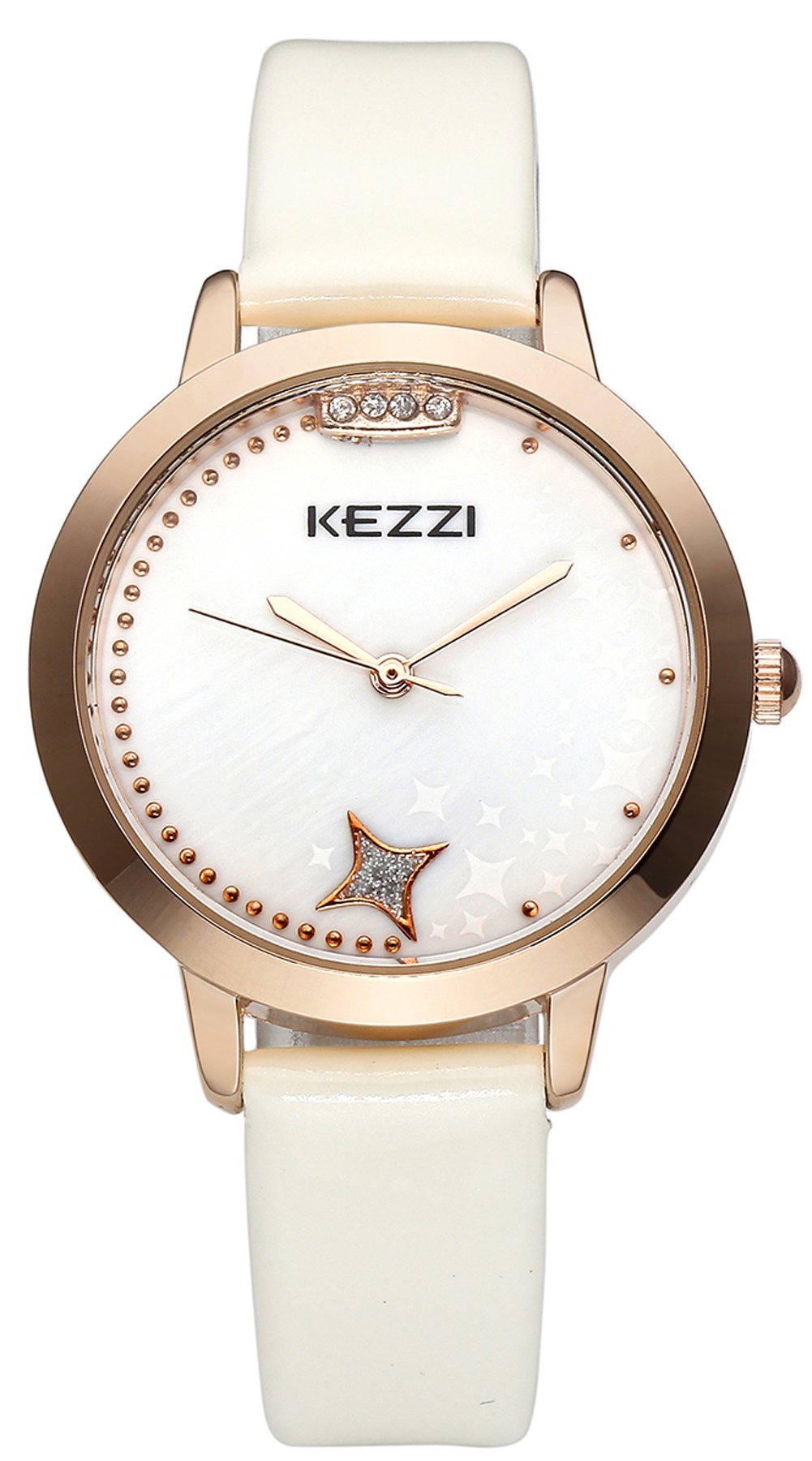 JSDDE Women Fashion Water Resistant Japanese Quartz Seashell Star Dial PU Leather Band Wrist Watch-White