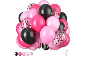 BIAPIAN Pink and Black Balloons, 12 Inch Hot Pink Black Balloons Set with Black Pink Confetti Balloons, Pastel Pink Light Pink Black Balloons for Girl Birthday Party Wedding Decorations