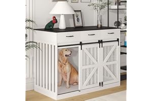 kepptory 48'' Dog Crate Furniture with Divider&Storage Drawers, Wooden Double Dog Kennel Furniture End Table with Sliding Barn Doors, White Double Dog Crate TV Stand