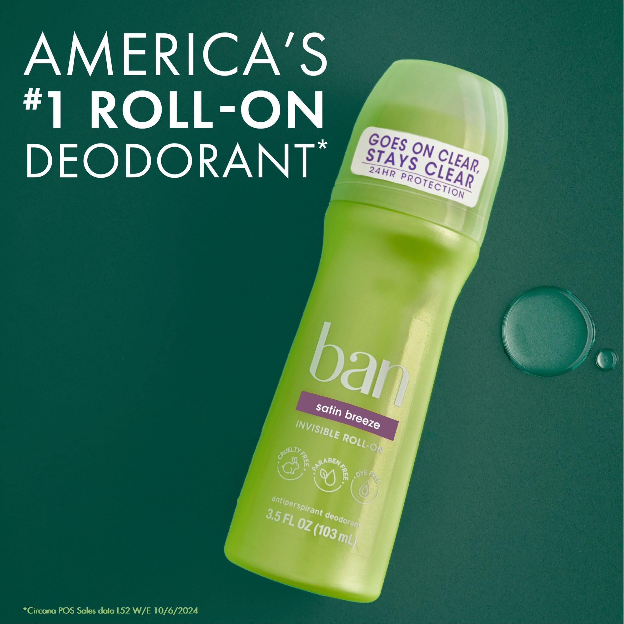 Ban Invisible Roll-on Antiperspirant Deodorant for Women and Men, 24-hour Underarm Odor & Sweat Protection, Satin Breeze, 3.5 Oz, Pack of 4