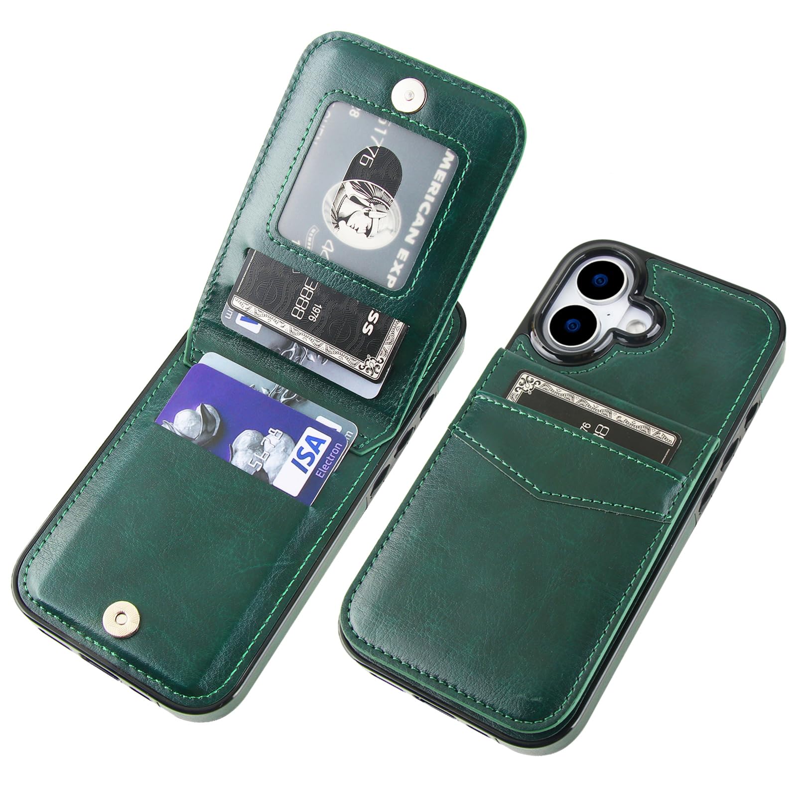 KIHUWEY Compatible with iPhone 17 Case Wallet with Credit Card Holder, Flip Premium Leather Magnetic Clasp Kickstand Heavy Duty Protective Cover for iPhone 17 6.3 Inch (Dark Green)