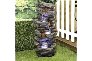 SunJet 40in Outdoor Water Fountain with LED Lights - 4-Tier Polyresin Rock Water Fountain for Home Garden, Yard, Patio, Deck Decor - Soothing Tranquility Floor-Standing Fountain