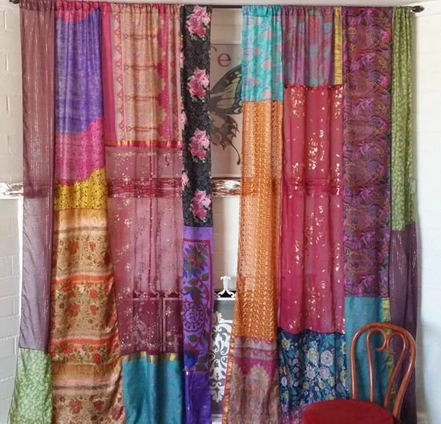 Photo 1 of EthinicCraftHub® 1 Pair of Indian Vintage Silk Blend Sari Multi Color (Assorted Color) Handmade Patchwork Curtains Drapes Home Decor Curtain/Panels