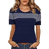 LUYAA Short Sleeve Sweater for Women Spring Summer Crochet Tops Crewneck Ribbed Casual Lightweight Pullover Sweaters