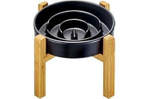 MOPANG Ceramic Slow Feeder Dog Bowls Elevated for Medium and Large Breed, 2.0 Cups Dog Slow Feeder with Wooden Stand, Puzzle Dog Bowl to Slow Down Eating, Maze Dog Bowl, 30oz, 8in, Black
